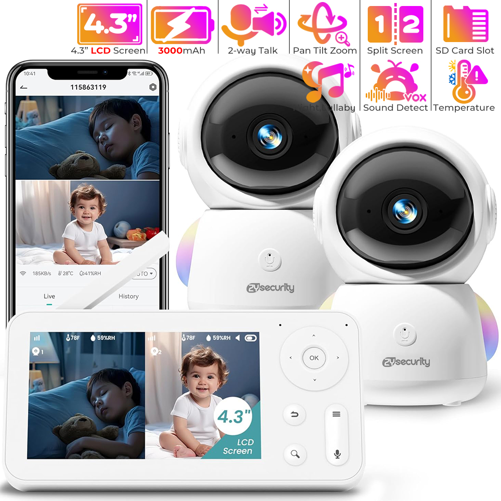 Home Cinema Wireless - カメラとオーディオを備えたベビーモニター,常夜灯,2台のカメラ,wifi,スマートフォン,2.4g,保育園,ペット,高齢者向け,355 ° 回転,RGB, 2k